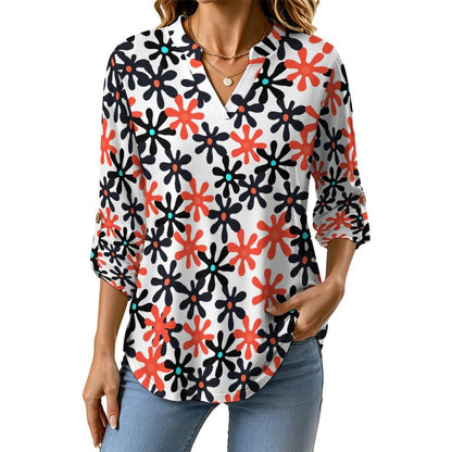 Floral, Repeating Pattern  Versatile Notched V-Neck Tunic | Roll Tab 3/4 Sleeve Office Casual Top