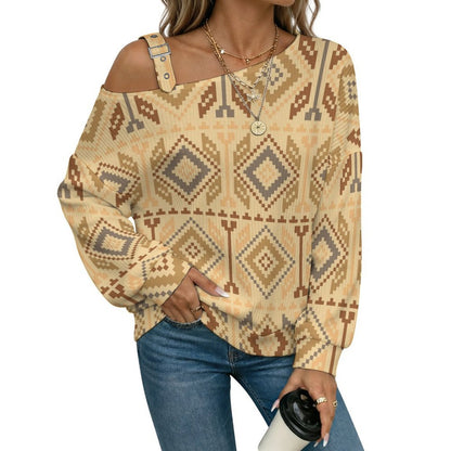 Off-the-shoulder Sweater European Retro Pattern  Asymmetric Cold Shoulder Knit Sweater for Women, Adjustable Buckle Strap Long Sleeve Casual Slouchy Pullover