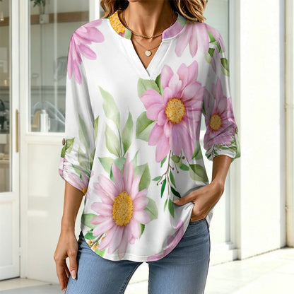 Stand-up Collar Long-sleeved Shirt Pink Flowers, Background  Customization Women’s V-Neck Blouses,long Sleeve,Roll-Up Sleeve Shirt