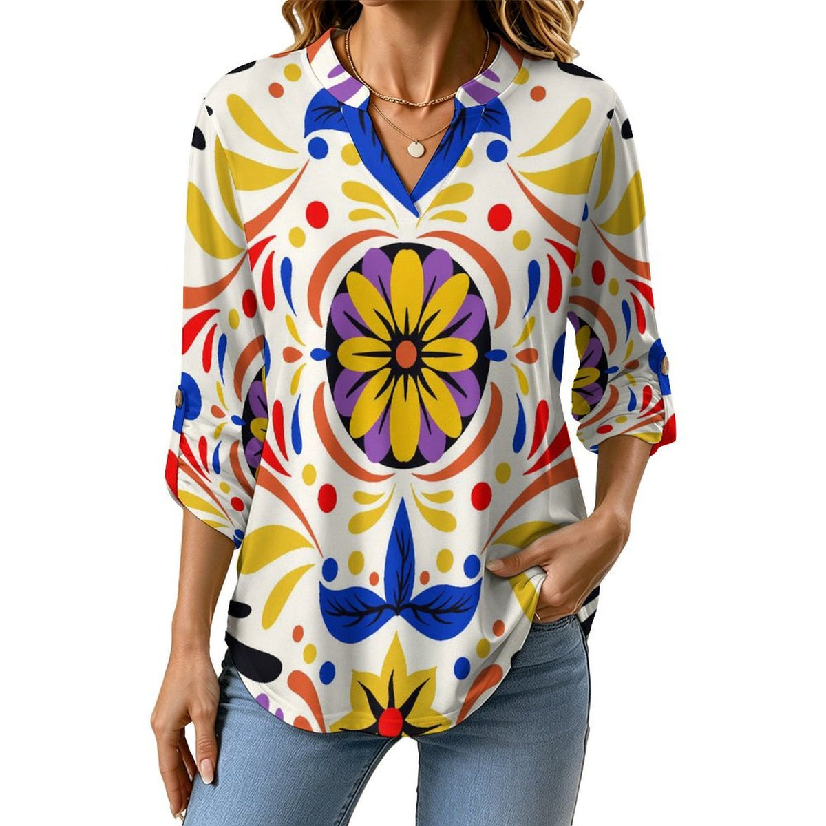 Stand-up Collar Long-sleeved Shirt Mexico Pattern  Customization Women’s V-Neck Blouses,long Sleeve,Roll-Up Sleeve Shirt