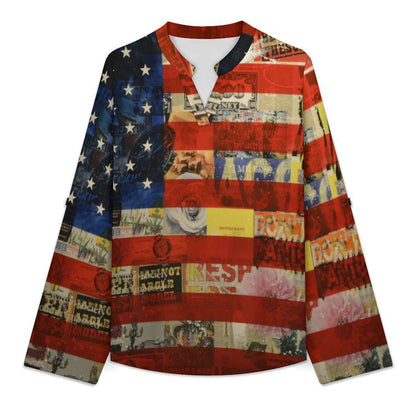 Stand-up Collar Long-sleeved Shirt National Flag, History, War  Customization Women’s V-Neck Blouses,long Sleeve,Roll-Up Sleeve Shirt