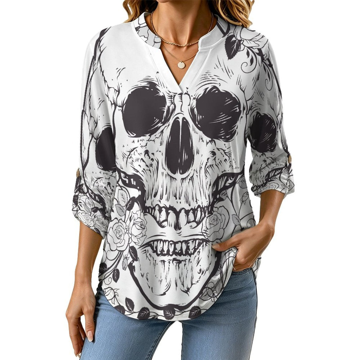 Stand-up Collar Long-sleeved Shirt Skull And Flowers  Customization Women’s V-Neck Blouses,long Sleeve,Roll-Up Sleeve Shirt