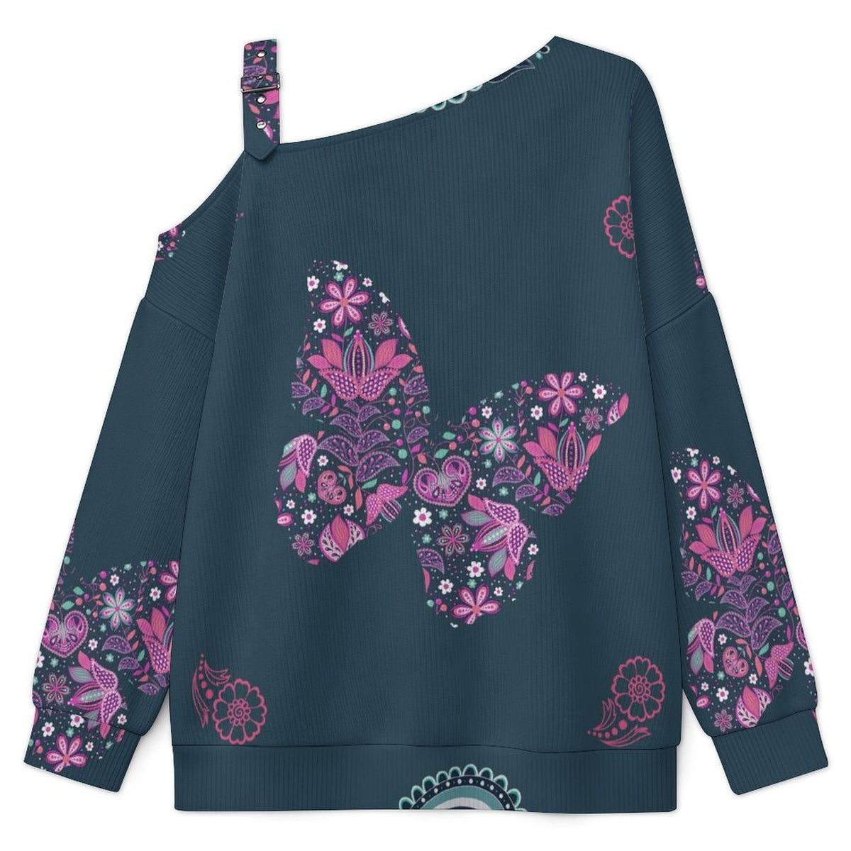 Off-the-shoulder Sweater Paisley Texture Butterfly Repeat Tile Texture  Asymmetric Cold Shoulder Knit Sweater for Women, Adjustable Buckle Strap Long Sleeve Casual Slouchy Pullover