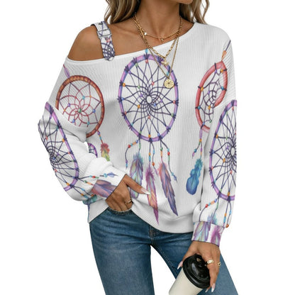 Off-the-shoulder Sweater Feathers  Asymmetric Cold Shoulder Knit Sweater for Women, Adjustable Buckle Strap Long Sleeve Casual Slouchy Pullover