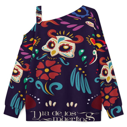 Retro Pattern, Nationality, Tradition Fall Casual Asymmetric Shoulder Knit Top with Buckle Detail