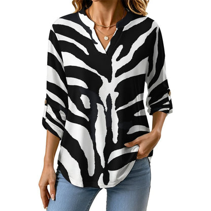 Versatile Notched V-Neck Tunic  Roll Tab 3/4 Sleeve Office Casual Top  Black And White, Zebra Print