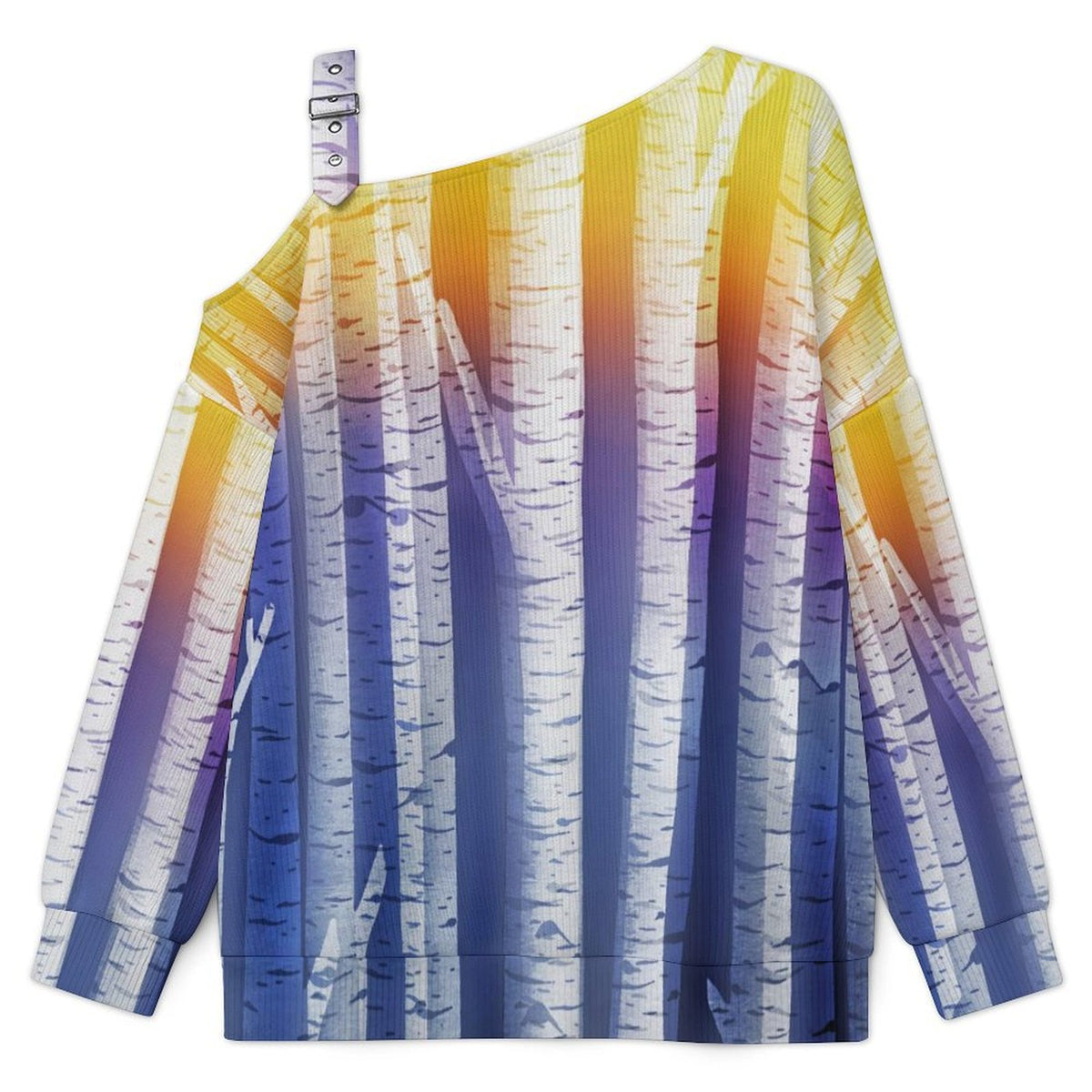 Buckle Strap Asymmetrical Off Shoulder Knit Sweater Birch Tree Background