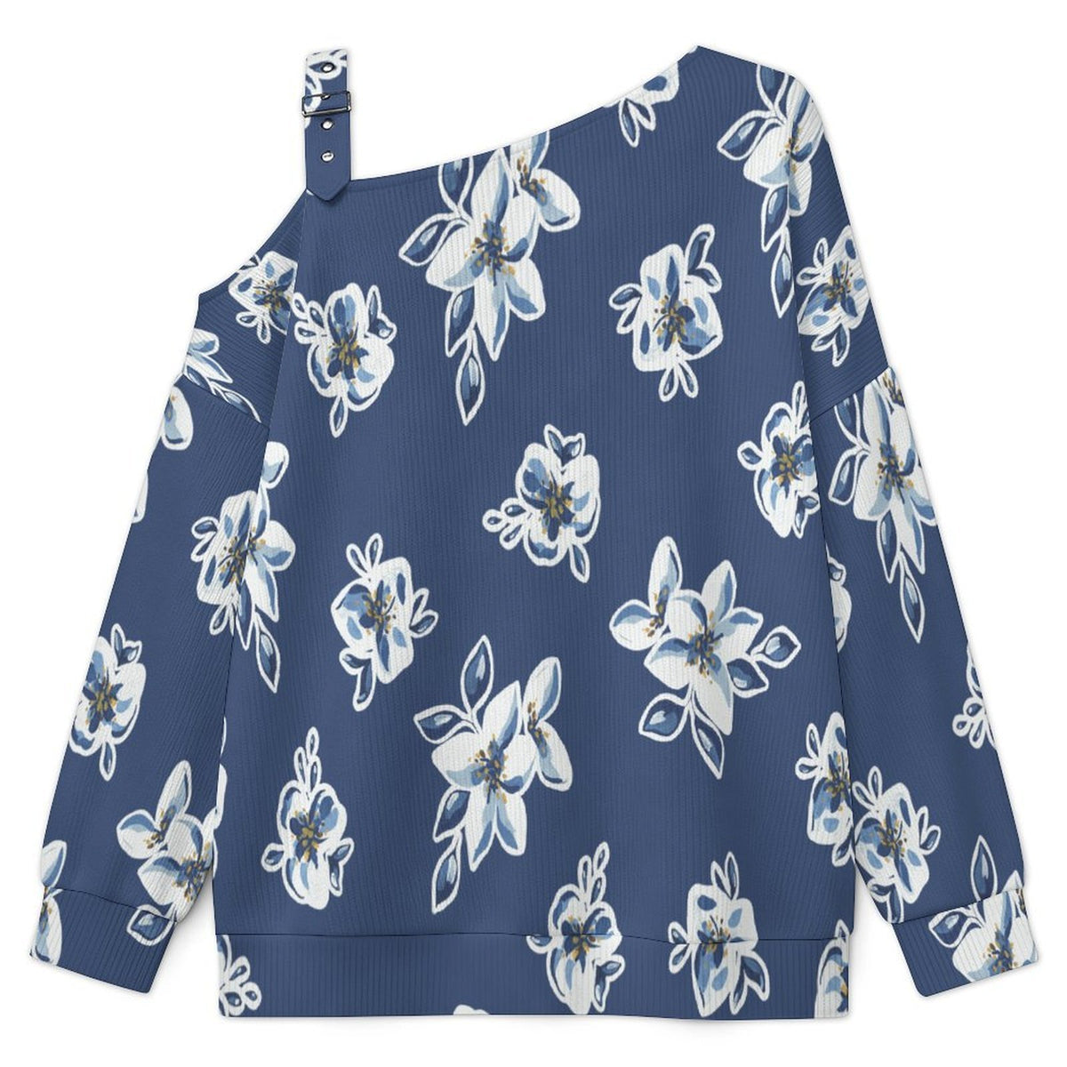 Fall Casual Asymmetric Shoulder Knit Top with Buckle Detail Blue Background, Flower Pattern