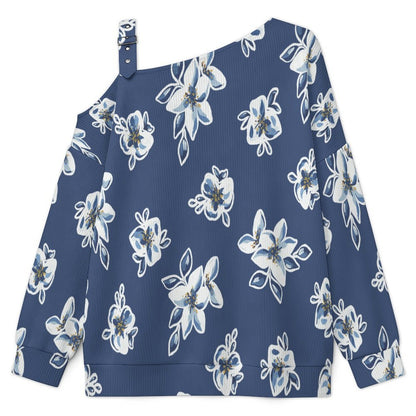 Fall Casual Asymmetric Shoulder Knit Top with Buckle Detail Blue Background, Flower Pattern