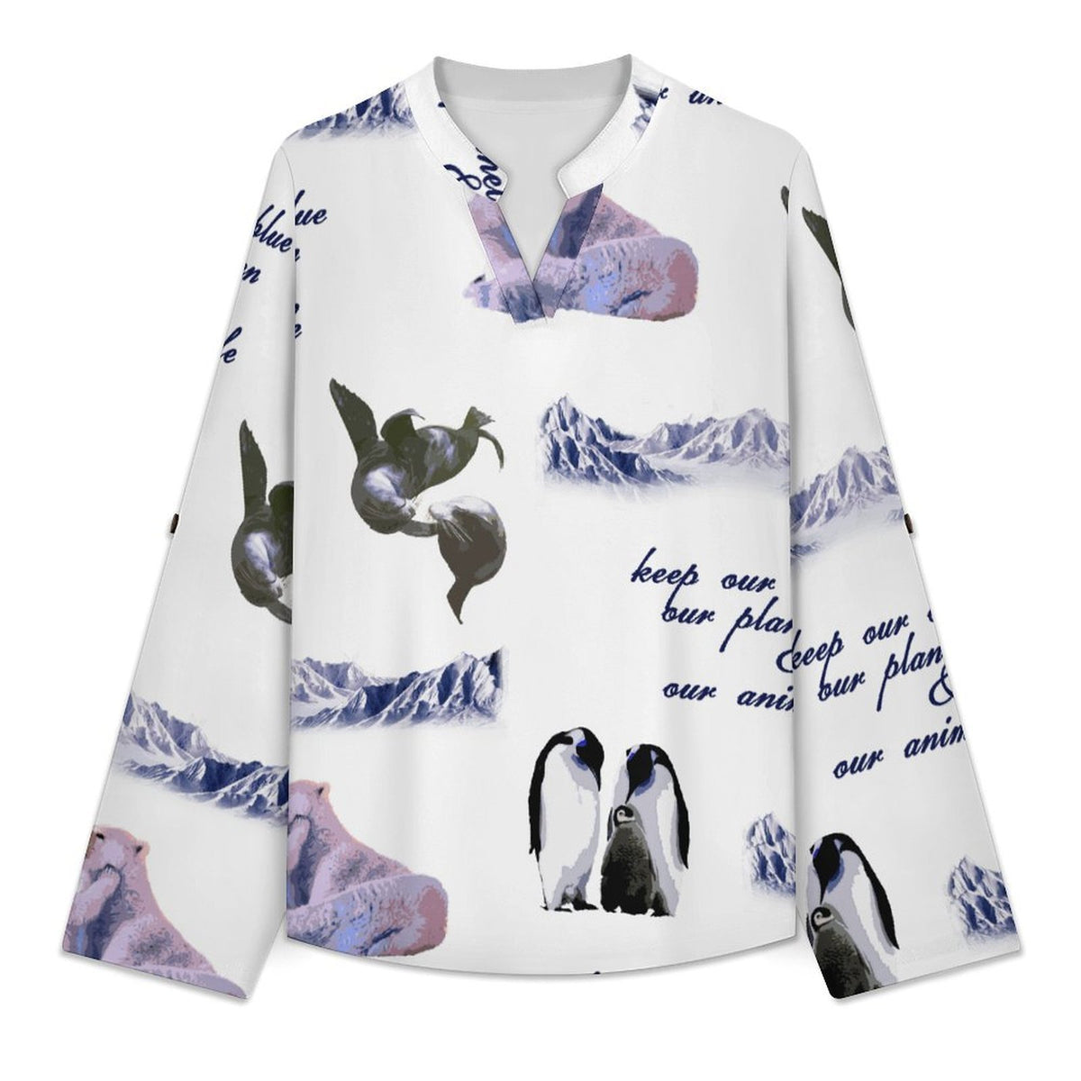 Eco-friendly, Arctic, Repeating Patterns  Versatile Notched V-Neck Tunic | Roll Tab 3/4 Sleeve Office Casual Top