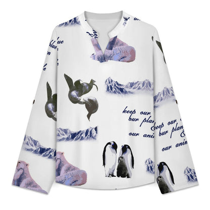 Eco-friendly, Arctic, Repeating Patterns  Versatile Notched V-Neck Tunic | Roll Tab 3/4 Sleeve Office Casual Top