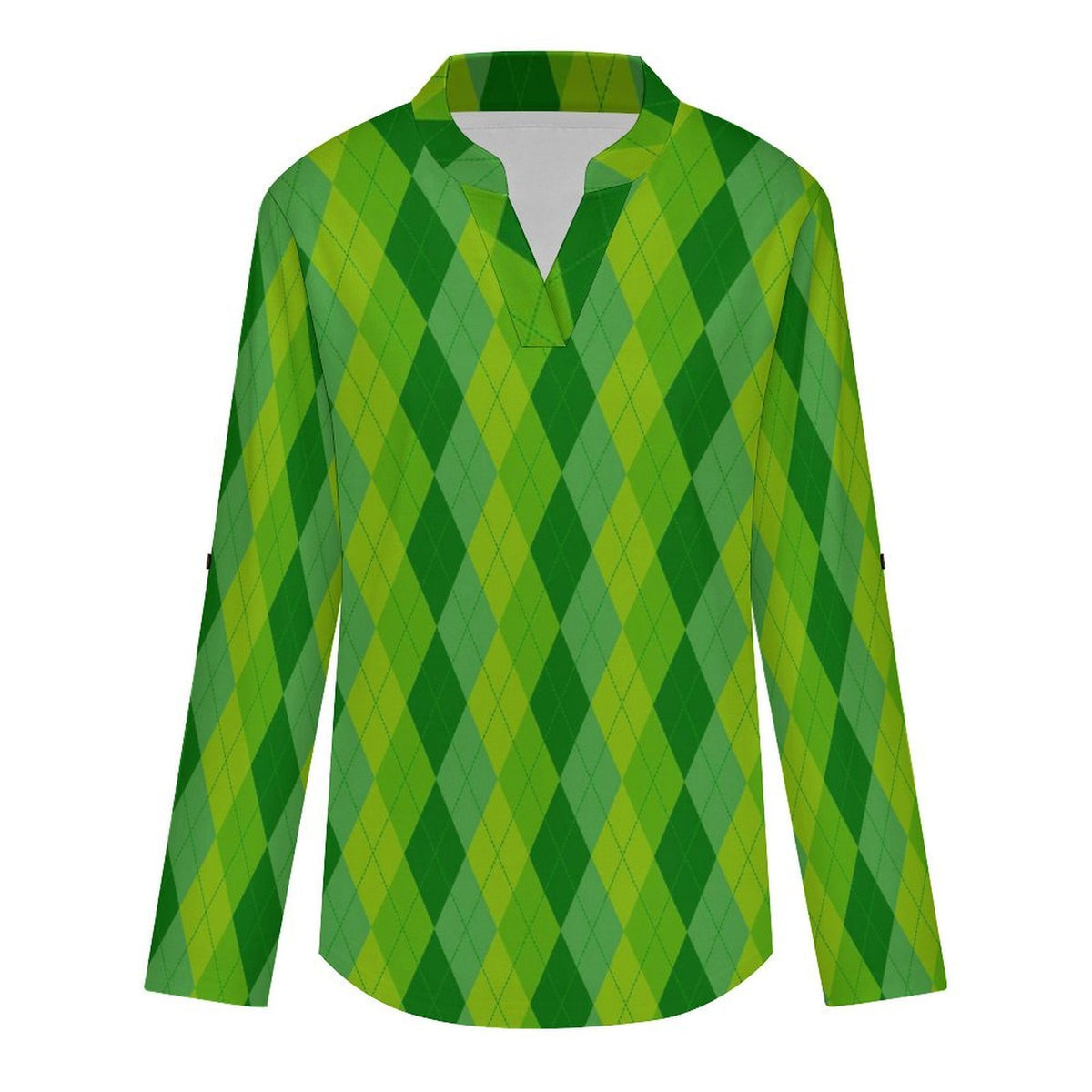 Green, Rhombic  Versatile Notched V-Neck Tunic | Roll Tab 3/4 Sleeve Office Casual Top