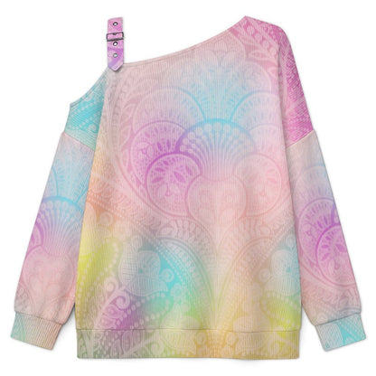 Buckle Strap Asymmetrical Off Shoulder Knit Sweater Color Wallpaper