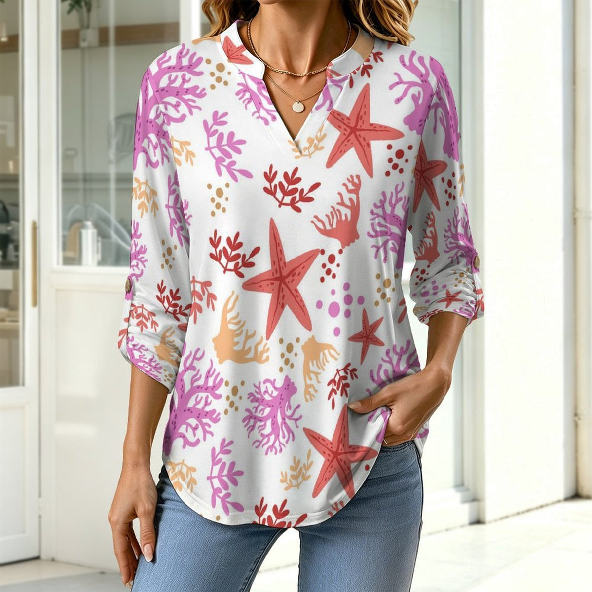 Women's Notched V Neck Tunic Tops, Roll Up 3/4 Sleeve Button Cuff Casual Blouse, Hem Loose Work Shirts  Ocean Pattern