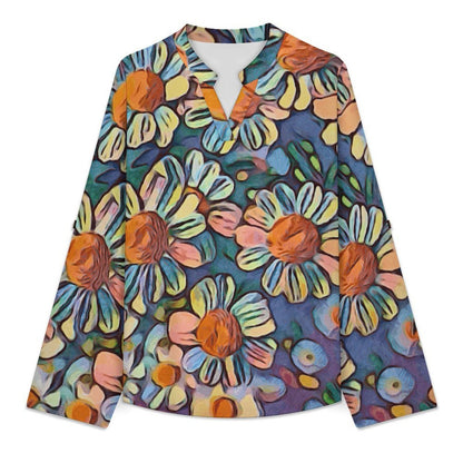 Oil Painting, Flowers, Sunflowers  Versatile Notched V-Neck Tunic | Roll Tab 3/4 Sleeve Office Casual Top