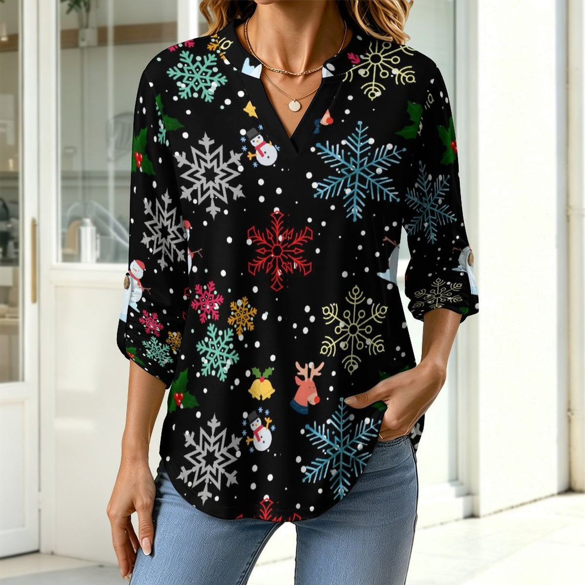 Black, Snowflakes, Santa Claus  Versatile Notched V-Neck Tunic | Roll Tab 3/4 Sleeve Office Casual Top
