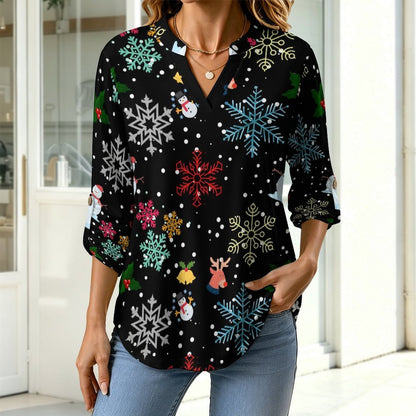 Black, Snowflakes, Santa Claus  Versatile Notched V-Neck Tunic | Roll Tab 3/4 Sleeve Office Casual Top