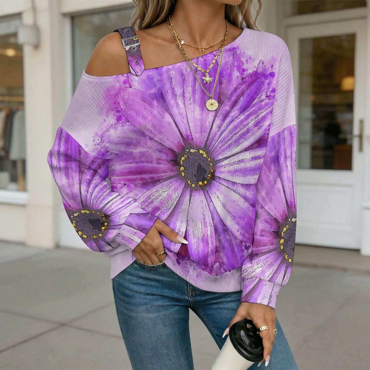 Women’s Off-Shoulder Knit Sweater Purple Flowers