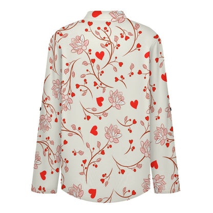 White Background Love Flowers  Versatile Notched V-Neck Tunic | Roll Tab 3/4 Sleeve Office Casual Top