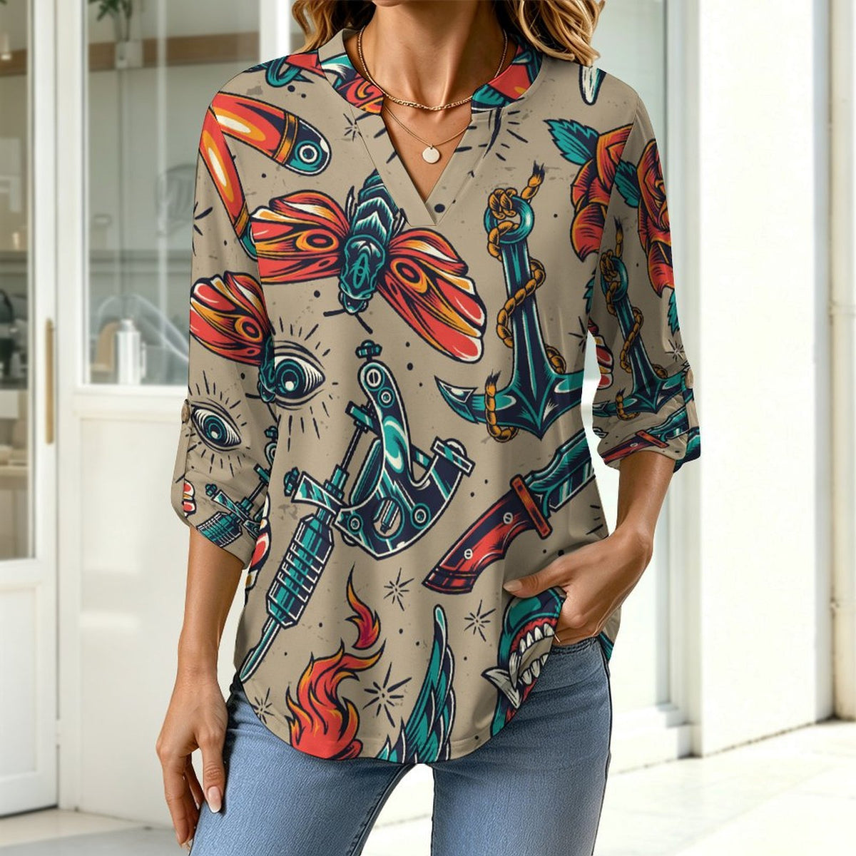 Retro Patterns, Eyes, Evil Roll Tab 3/4 Sleeve Notched V Neck Tunic Blouse