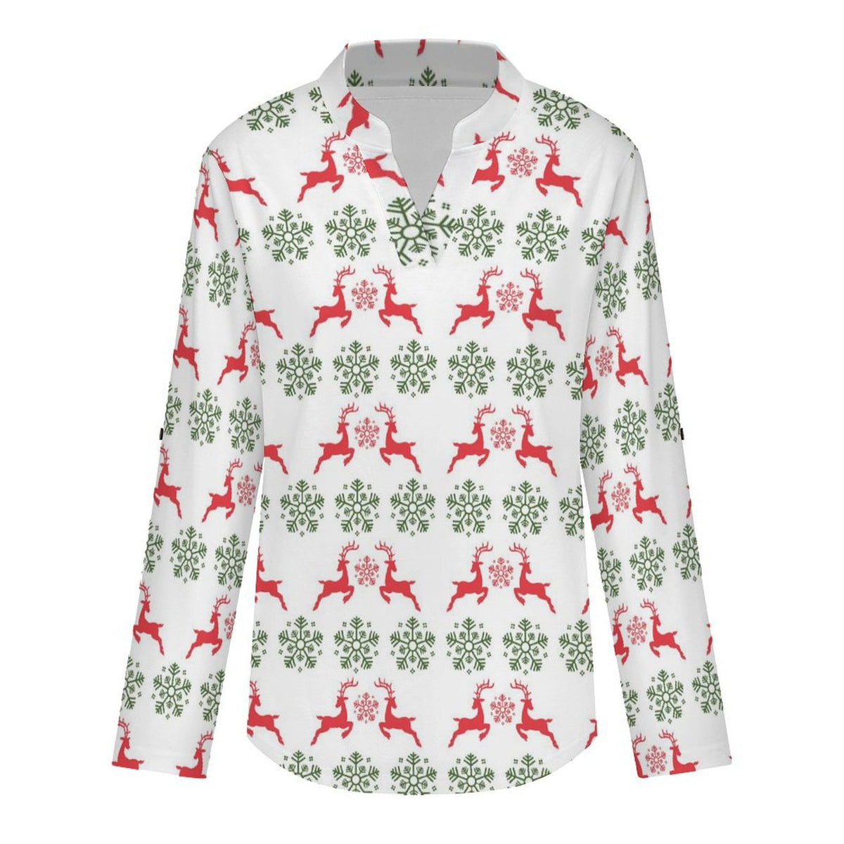 Women's Notched V Neck Tunic Tops, Roll Up 3/4 Sleeve Button Cuff Casual Blouse, Hem Loose Work Shirts  Christmas-snowflake-reindeer-red-green-tiled-repeat