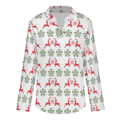 Women's Notched V Neck Tunic Tops, Roll Up 3/4 Sleeve Button Cuff Casual Blouse, Hem Loose Work Shirts  Christmas-snowflake-reindeer-red-green-tiled-repeat