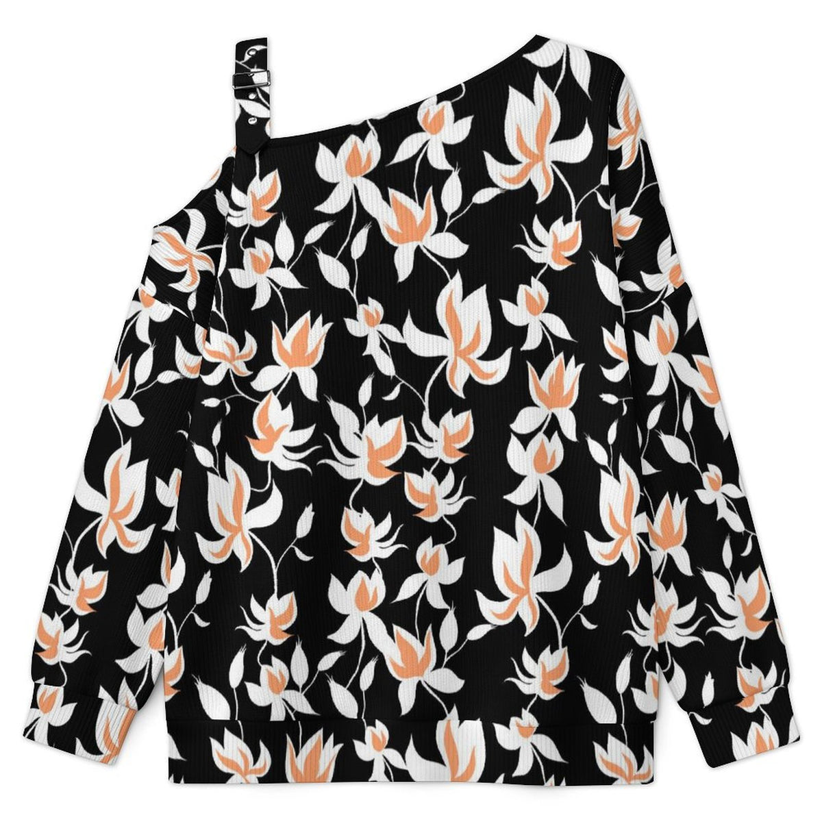 Fall Casual Asymmetric Shoulder Knit Top with Buckle Detail Flower Pattern Repeat