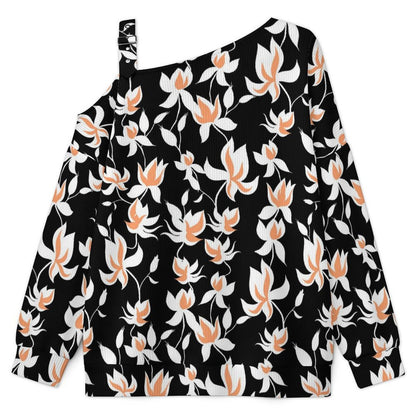 Fall Casual Asymmetric Shoulder Knit Top with Buckle Detail Flower Pattern Repeat