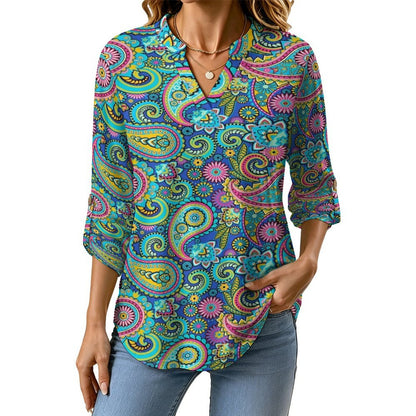 Paisley  Versatile Notched V-Neck Tunic | Roll Tab 3/4 Sleeve Office Casual Top
