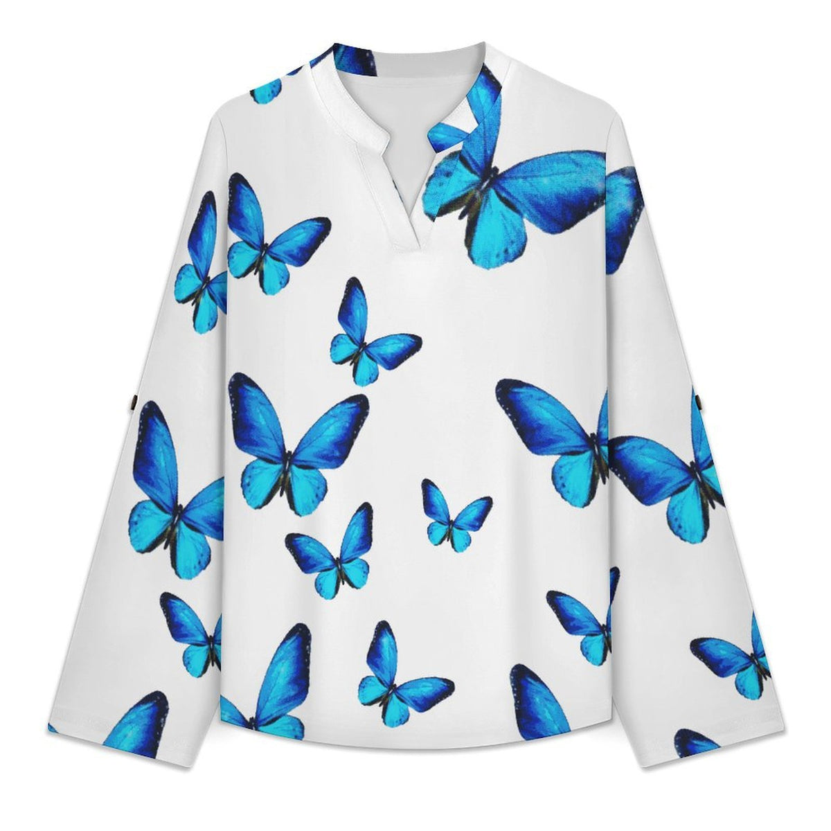Women's Notched V Neck Tunic Tops, Roll Up 3/4 Sleeve Button Cuff Casual Blouse, Hem Loose Work Shirts  Blue Butterfly in My Dream