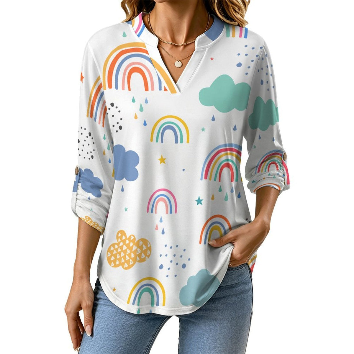 Cartoon, Rainbow, Children  Versatile Notched V-Neck Tunic | Roll Tab 3/4 Sleeve Office Casual Top