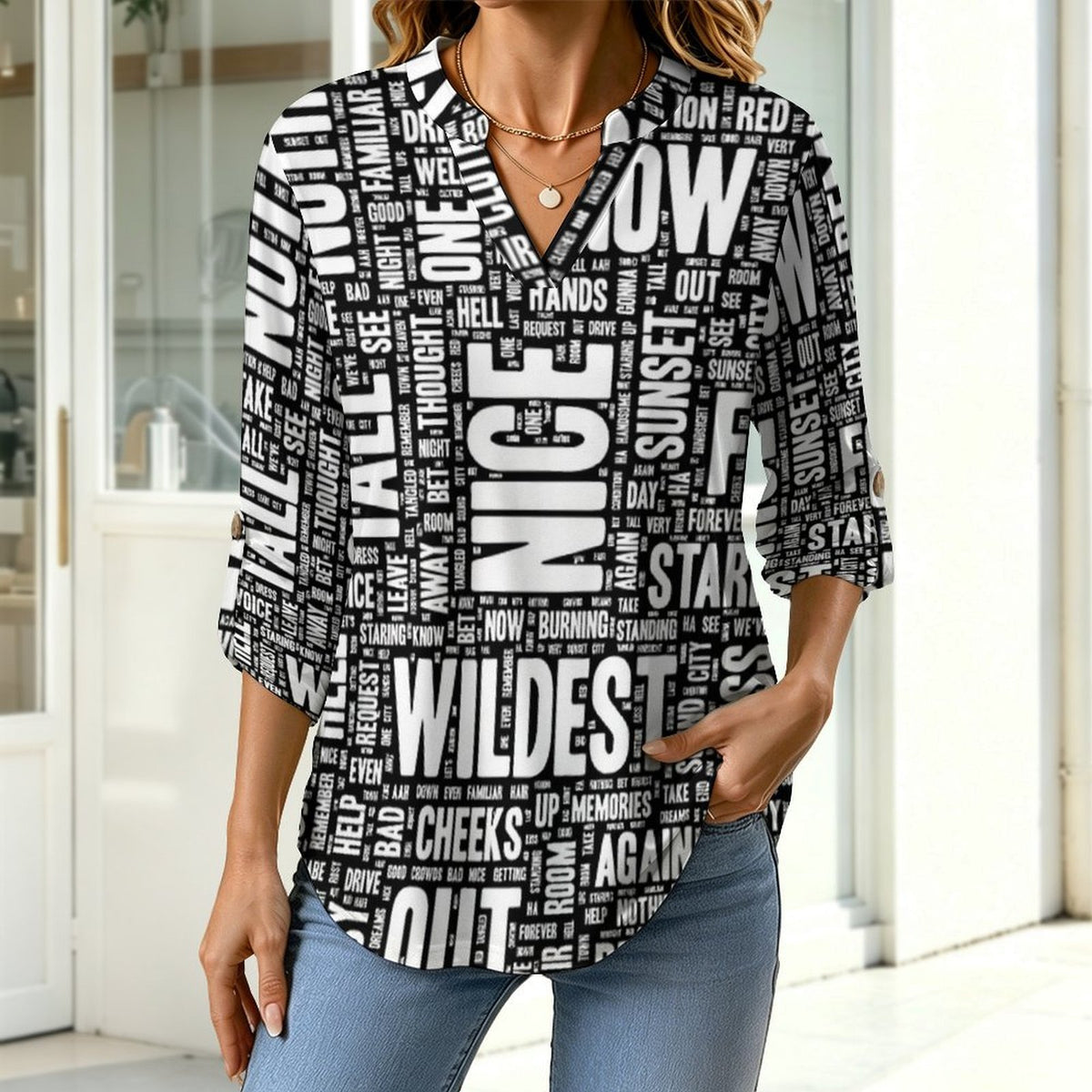 Versatile Notched V-Neck Tunic | Roll Tab 3/4 Sleeve Office Casual Top  Words Pattern