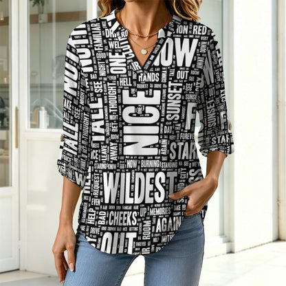 Versatile Notched V-Neck Tunic | Roll Tab 3/4 Sleeve Office Casual Top  Words Pattern