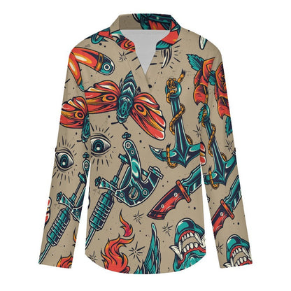 Retro Patterns, Eyes, Evil Roll Tab 3/4 Sleeve Notched V Neck Tunic Blouse