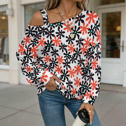 Fall Casual Asymmetric Shoulder Knit Top with Buckle Detail Floral, Repeating Pattern