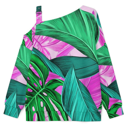 Hemp Leaf Pattern, Summer Buckle Strap Asymmetrical Off Shoulder Knit Sweater