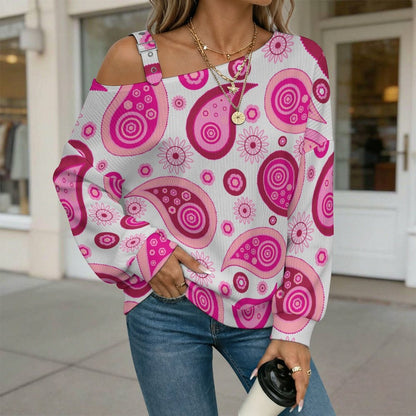 Fall Casual Asymmetric Shoulder Knit Top with Buckle Detail Pink Paisley Pattern