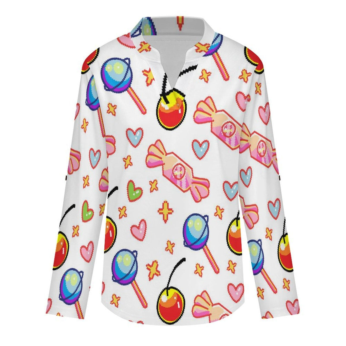 Stand-up Collar Long-sleeved Shirt Pixel Food white SWomen’s V-Neck Blouses