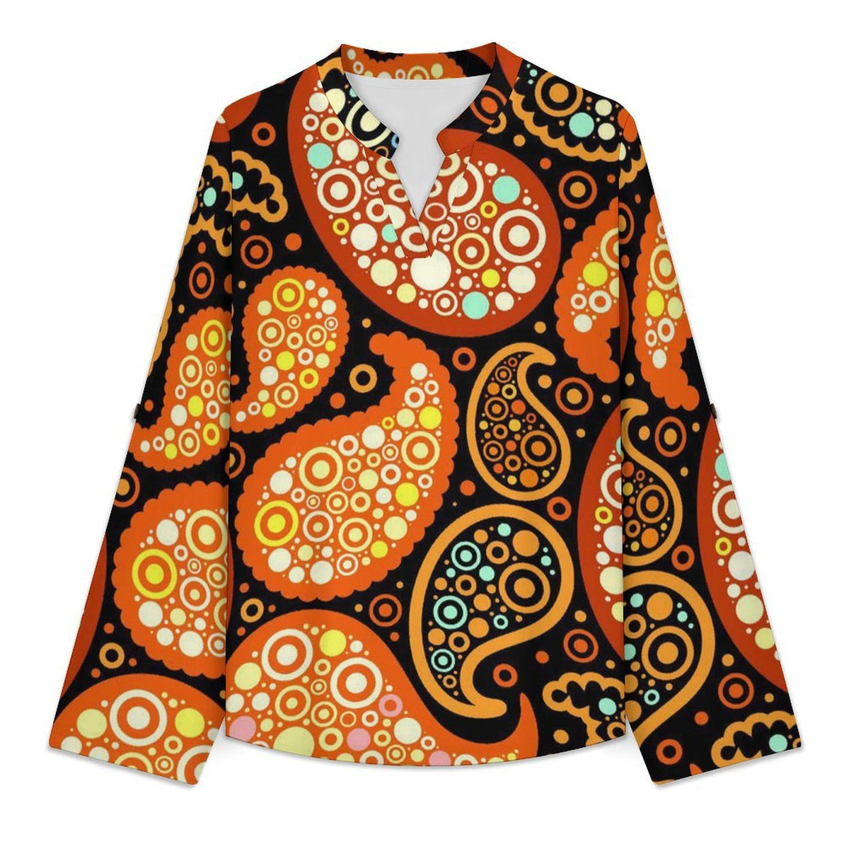 Paisley  Versatile Notched V-Neck Tunic | Roll Tab 3/4 Sleeve Office Casual Top