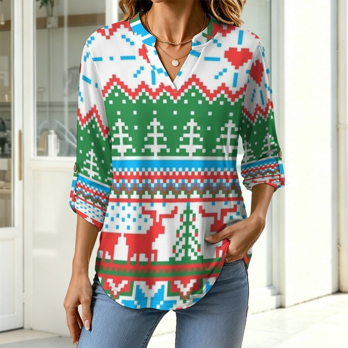 Versatile Notched V-Neck Tunic  Roll Tab 3/4 Sleeve Office Casual Top  Christmas Pattern