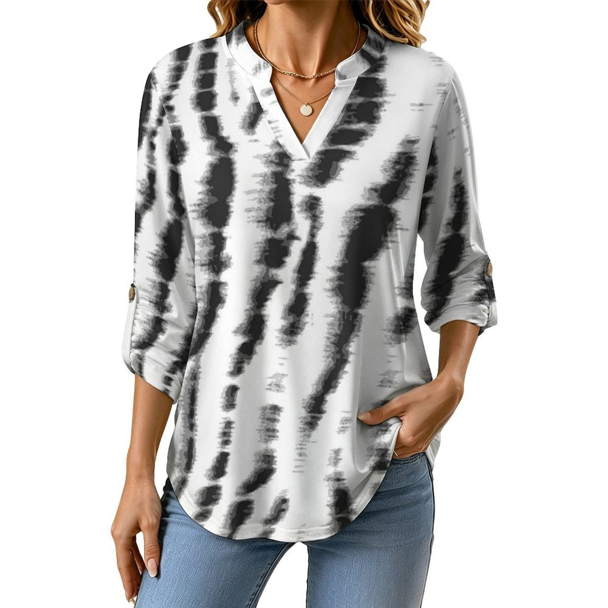 Versatile Notched V-Neck Tunic  Roll Tab 3/4 Sleeve Office Casual Top  Tie-dyed Fabric3