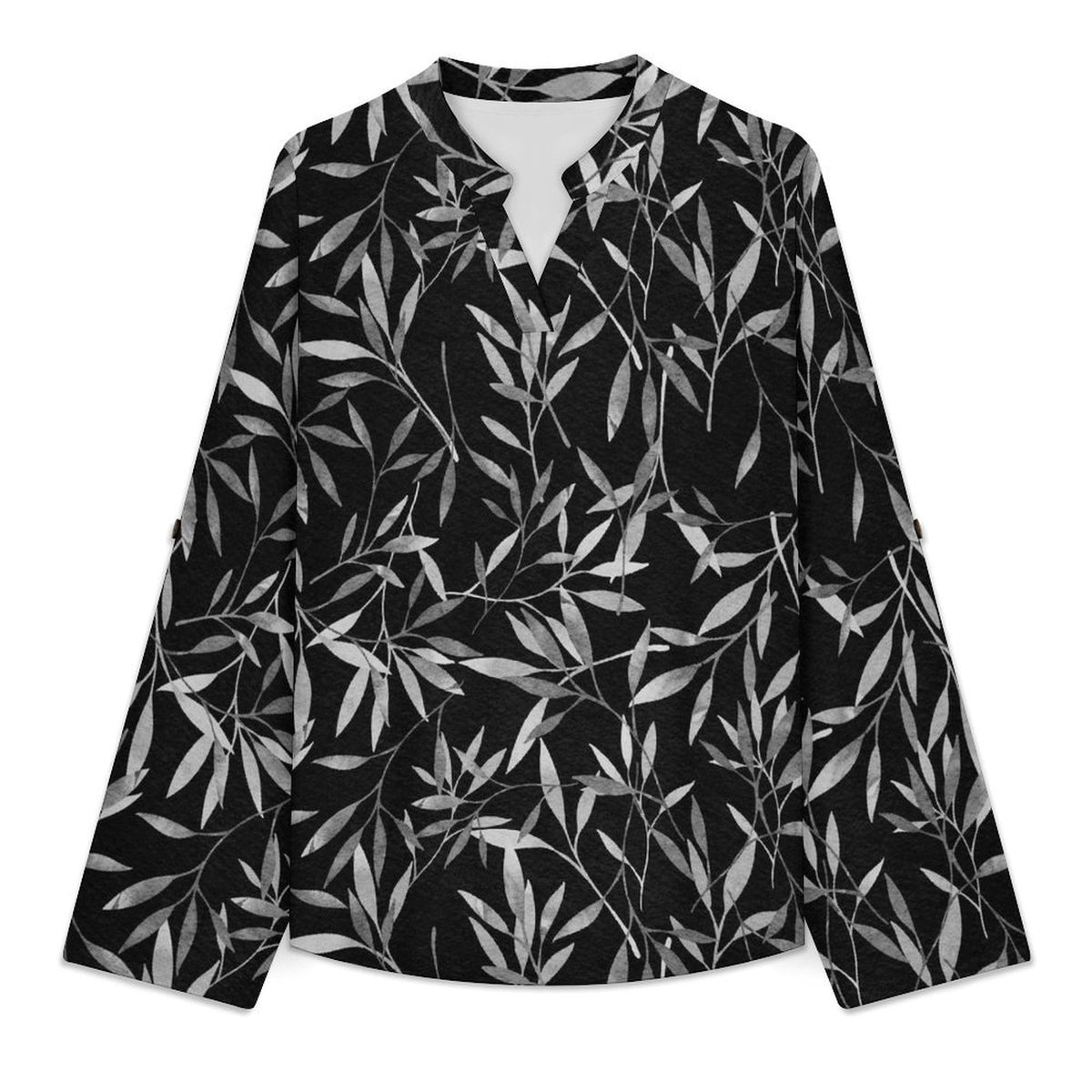 Women's Notched V Neck Tunic Tops, Roll Up 3/4 Sleeve Button Cuff Casual Blouse, Hem Loose Work Shirts  Plant Leaf