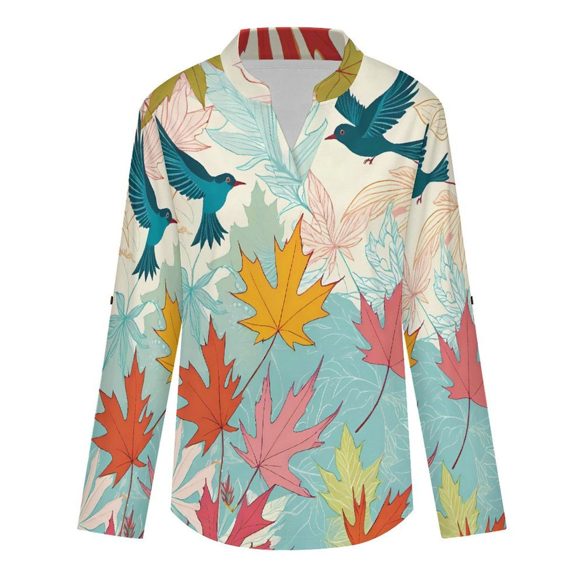 Versatile Notched V-Neck Tunic | Roll Tab 3/4 Sleeve Office Casual Top  Plant Bird Maple Leaves