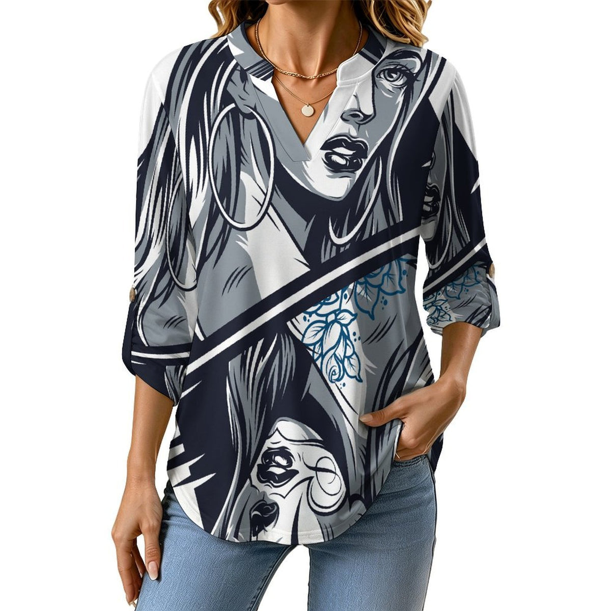 Skeleton, Queen, Up And Down  Women Curved Hem V Neck Roll Sleeve Casual Work Top