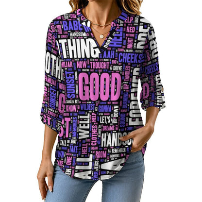 Versatile Notched V-Neck Tunic | Roll Tab 3/4 Sleeve Office Casual Top  Words Pattern Dress