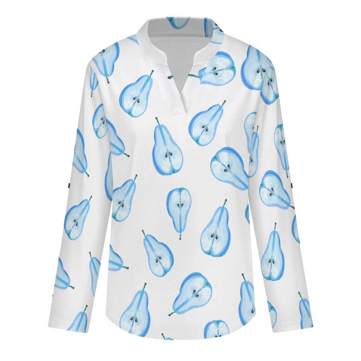 Pear, Repeating Pattern  Versatile Notched V-Neck Tunic | Roll Tab 3/4 Sleeve Office Casual Top