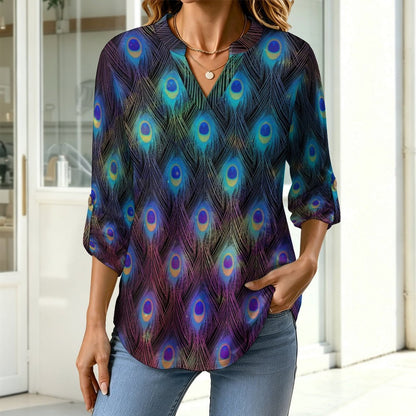 Peacock Feather Roll Tab 3/4 Sleeve Notched V Neck Tunic Blouse