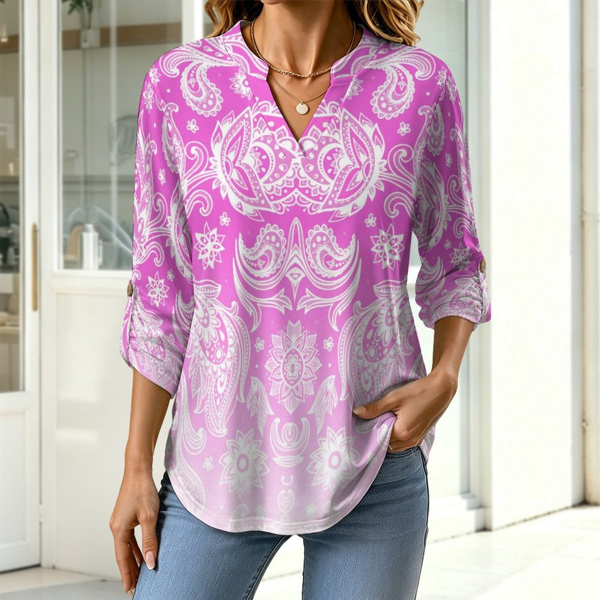 Paisley Women's Notched V Neck Tunic Tops, Roll Up 3/4 Sleeve Button Cuff Casual Blouse, Hem Loose Work Shirts
