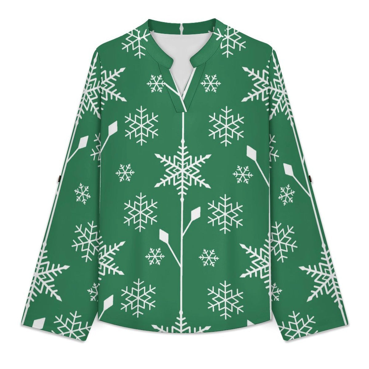 Women's Notched V Neck Tunic Tops, Roll Up 3/4 Sleeve Button Cuff Casual Blouse, Hem Loose Work Shirts  Snowflake Green Tile Repeat