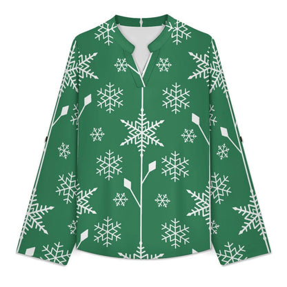 Women's Notched V Neck Tunic Tops, Roll Up 3/4 Sleeve Button Cuff Casual Blouse, Hem Loose Work Shirts  Snowflake Green Tile Repeat